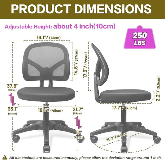 Swivel Armless Office Desk Chair No Arms with Back Support Rolling Wheels for Small Spaces Adult