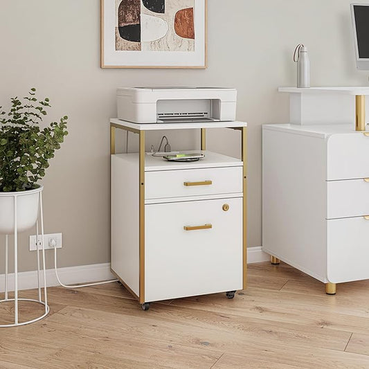 Modern 2-Drawer Rolling File Cabinet with Lock, 2 USB Ports and Power Outlet for Device Charging, Portable File Organizer or Printer Stand for Office or Home with Locking Wheels, White & Gold