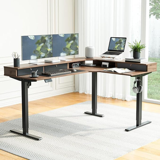 FEZIBO L Shaped Electric Standing Desk, 63x48 inch Large with Drawers | Reversible Tabletop, 2 Memory Height Settings | Home Office & Gaming Height-Adjustable Table, Black Walnut(2 Packages)