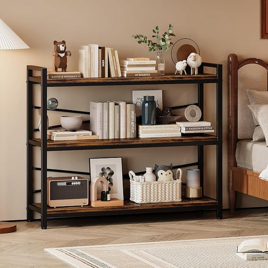 3 Tier Bookshelf 39.37" Width, Long Industrial Bookcase, Vintage Farmhouse Modern Wooden Big Book Shelf for Home Living Room Bedroom Office Storage(Rustic Brown)