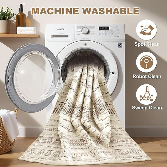 Nakagishi Round Rug Boho Area Rugs: 5x5 Washable Large Circle Neutral Soft Stain Resistant Non-Slip Carpet for Women Aged 25-45 Farmhouse Decor Enthusiasts - Living Room Bedroom Dining Room Nursery