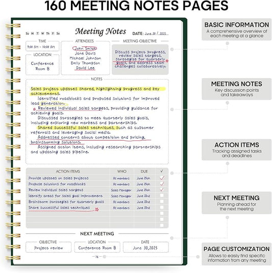 Meeting Notebook for Work Organization - Work Planner Notebook with Action Items, Agenda Planner for Note Taking, 160 Pages (6.9" X 9.9") Project Organizer for Men & Women - Dark Green