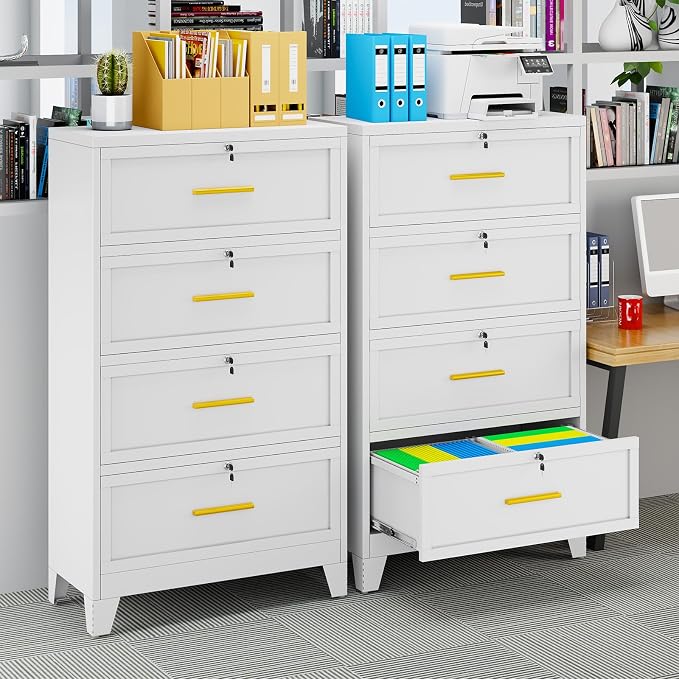 erosoei 4 Drawer File Cabinet with Lock, Metal Lateral File Cabinets for Home Office, Steel Wide Filing Organization Storage Cabinets, Home Office Furniture for Hanging Files Letter/Legal/F4/A4 Size