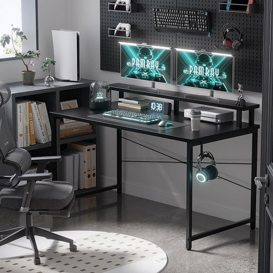 Pamray 47 Inch Small Computer Desk with Monitor Stand, Simple Office Desk with Headphone Hook for Small Spaces, Kids Study Writing Table for Bedroom, Black