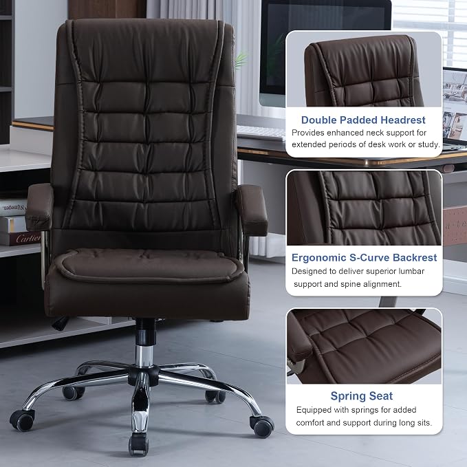 Executive Office Chair Adjustable Leather Chair High Back Swivel Office Desk Chair with Padded Armrest 350lbs Load-Bearing Spring Seat Computer Desk Chair for Home Office, Brown