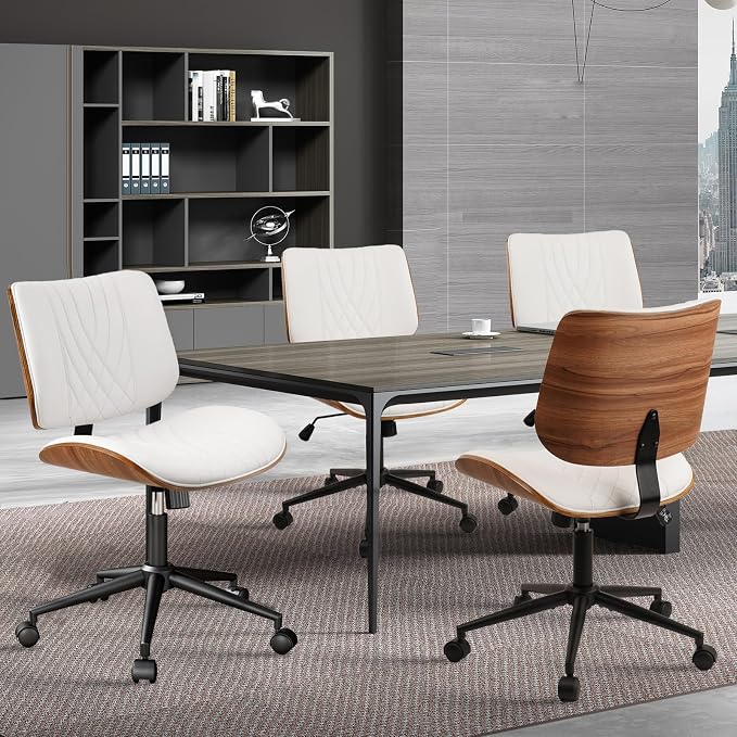 CLATINA Armless Home Office Chair, Desk Chair with Wheels, Adjustable Height Reading Chair, Leather Mid Back & Swivel Computer Chair, Modern Walnut Chairs with Back for Studio Meeting Room(White)