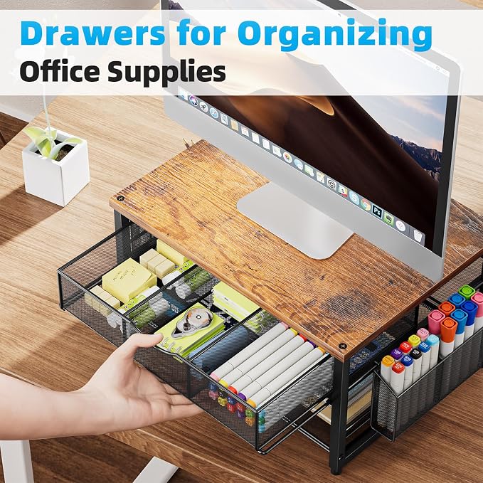 Marbrasse Wood Printer Stand for Desk, 2-Tier Desktop Printer Table for Home Office, Printer Stand with Storage Drawer 2 Pen Holders, Multi-Purpose Desk Organizer for Fax Machine Scanner(Wood Brown)