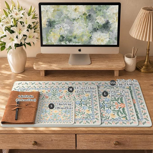 iCasso Aesthetic Floral Desk Mat, L Mouse Pads, Anti-Slip Mousepad with Stitched Edges, Waterproof Computer Pad 11.8"x31.5", Green Desk Accessories Office Decor for Women(Green Floral)