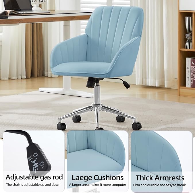 Velvet Home Office Desk Chair, Modern Cute Computer Task Chair with Back, Height Adjustable Upholstered Vanity Chair with Swivel Wheels for Women, Girls (Silver Base, Light Blue