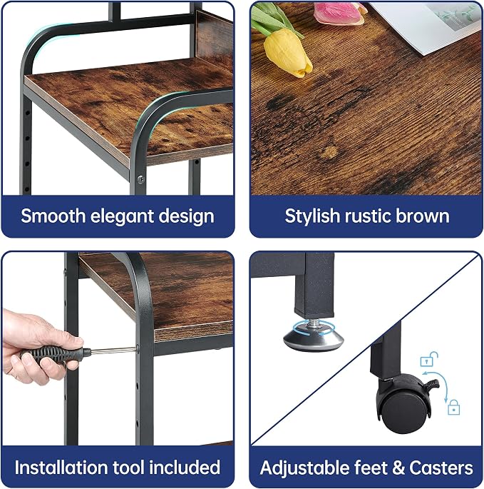 Fannova Printer Table Stand with Height Adjustable Shelf, 3 Tier Rolling Printer Cart with Wheels for Home Office Storage and Organization, Industrial Style