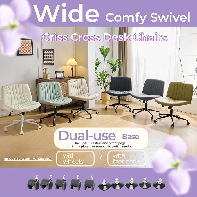 VINGLI Criss Cross Legged Chair,Wide Comfy Office Desk Chair,Dual-Use with/no Wheels Computer Task Chair,Swivel Armless Vanity Rolling Chair for Study,Make Up,Home Office,Cat Scratch PU Leather,Beige