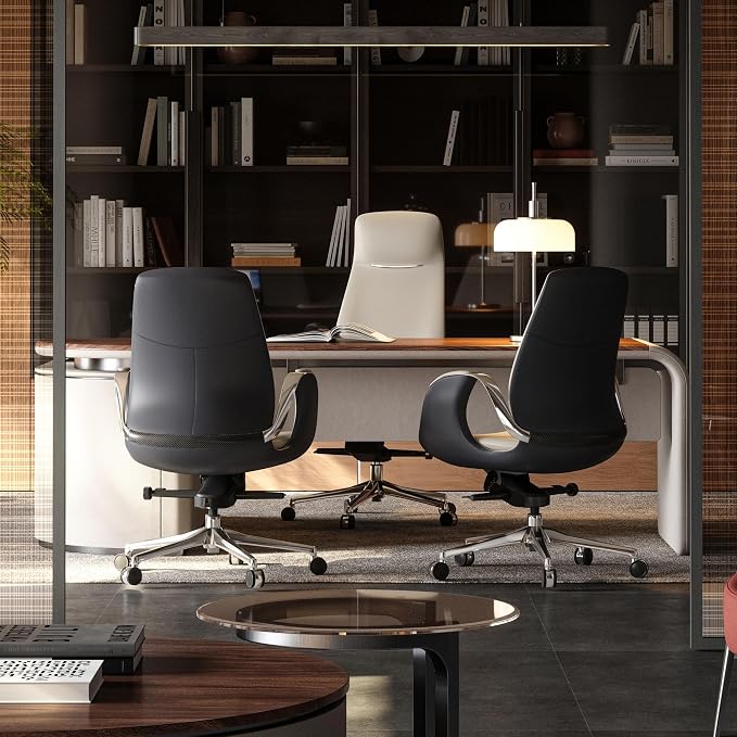 TOMU Genuine Leather Executive Office Chair, Executive Guest Chair, Mid Back Comference Office Chair for Office Comference Room Table,Swivel with Wheels, (Cream)