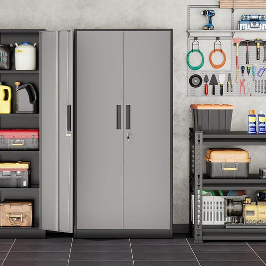 INTERGREAT Storage Cabinet with Doors and Shelves, Metal Garage Storage Cabinets with Lock, Lockable Steel Supply Cabinet for Home Office, Warehouse (Black Grey)