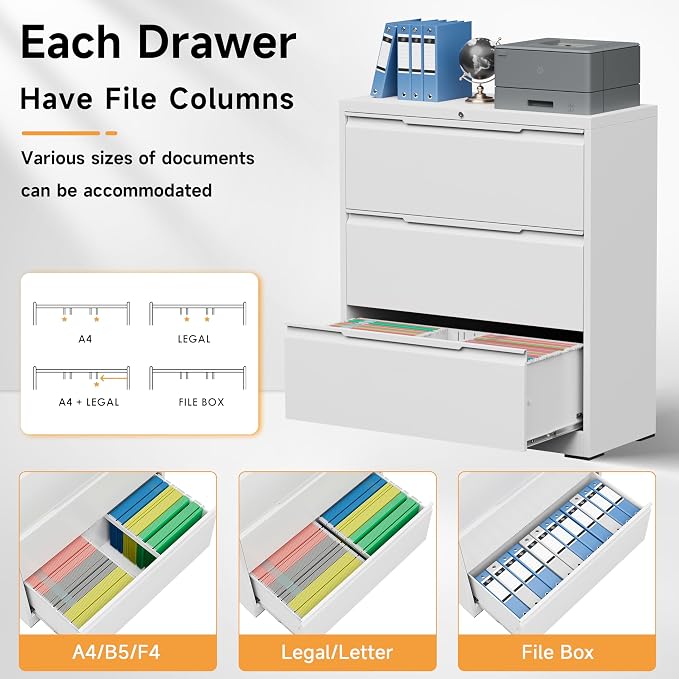 Bestoo 3 Drawer File Cabinet with Lock, File Cabinet, Metal Lateral Filing Cabinet, File Cabinets for Home Office, Office Cabinet for Hanging Files Letter/Legal/F4/A4 Size