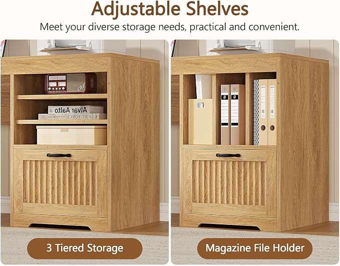 YOMILUVE 63" L Shaped Desk with Drawers, Farmhouse Corner Computer Desk with Power Outlets, Storage Cabinet, Home Office Executive Desk with Long Monitor Stand, Oak