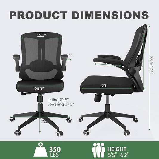 Ergonomic Office Chair - 350LB Comfy Desk Chairs with Lumbar Back Support, Mesh Computer Chairs with Wheels and Arms for Home Office, Study (Black-Without Headrest)