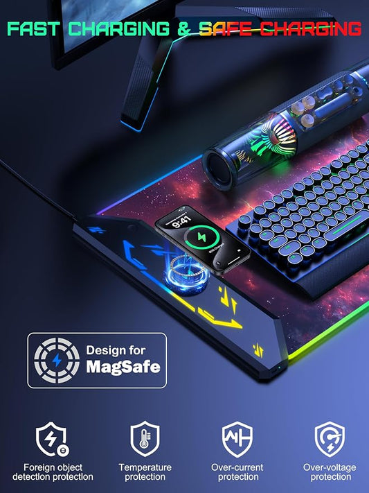 TopMade Wireless Charging Mouse Pad, RGB Gaming Mousepad, 35.4" x 15.8" Extra Large Waterproof Keyboard Desk Pad, Computer Desk Mat, Red Nebula (Includes 20W PD Power Adapter & 6.56ft Woven Cable)