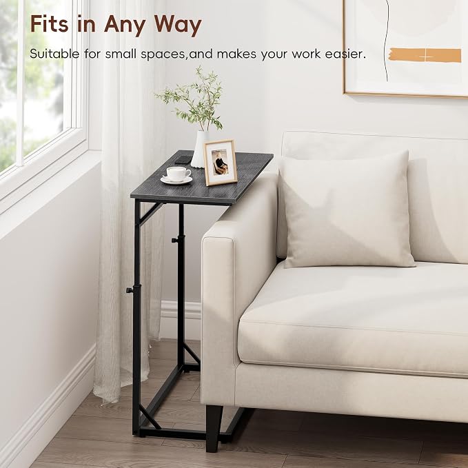 Vagusicc C Shaped End Table with Charging Station, Large C-Table End Table Adjustable Height Side Table for Couch, Sofa Table Slide Under Couch Table TV Tray Table for Living Room, Bedroom,Gray Walnut
