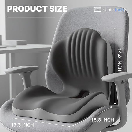 Ergonomic Seat Cushion, Office Chair Seat Cushions with L-Shaped Integrated Design, Memory Foam Orthopedic Cushion with Coccyx Hollow, Lumbar Support & Tailbone Pain Relief for Long Sitting (Grey)