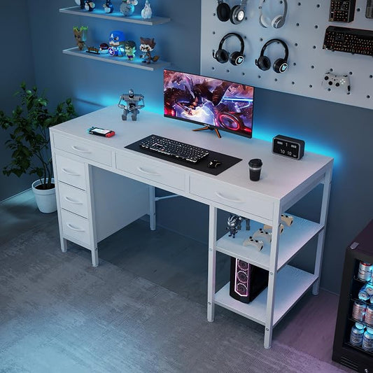 OLIXIS Computer Desk with 6 Drawers, 55 inch Office Workstation with Storage Shelves, Reversible Gaming Setup, Corner Table with Storage Drawers, Work for Home Office, Study, Living Room, White