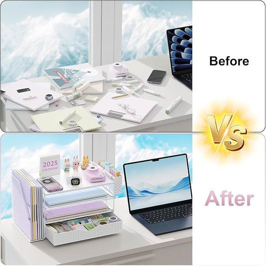 gianotter Wood Desk Organizers and Accessories with File Holder, 4-Tier Desk Accessories & Workspace Organizers with Drawer and Pen Holder, Desk Reference Organizer (White, 4T with Drawer)