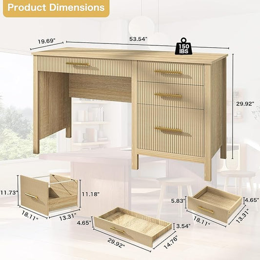 Modern Executive Desk with Drawers: 54 Inch Oak Home Office Desks with File Drawer, Wood Fluted Desk with Storage, Writing Computer Desks with 4 Drawers