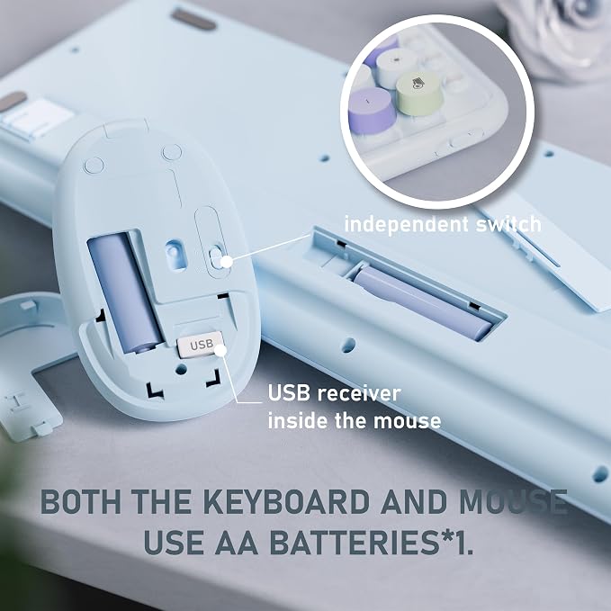 Wireless Keyboard and Mouse, Colorful 104-Key QWERTY with Round Keys, Phone Holder, Wrist Rest, Power Buttons, 2.4GHz USB for PC Laptop (Light Blue Colorful)