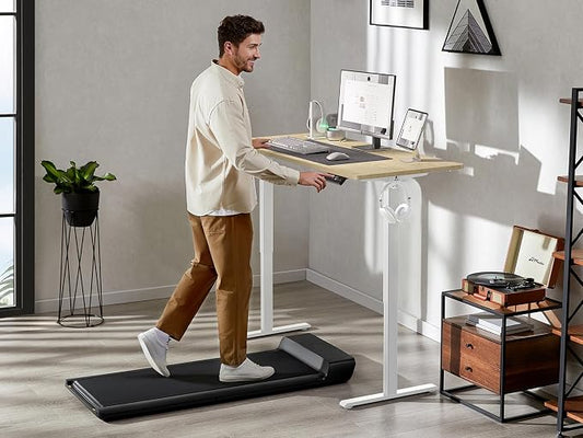 WALKINGDESK 48x24 Inches Height Adjustable Electric Standing Desk with 2 Hooks for Home Office, Ergonomic Sit Stand up Desk with Splice Board, Oak