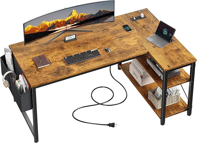 EnHomee Office Desk with Outlet,Power Home Office & Study Electronic Gear | Reliable Power Supply for Study & Electronic Device,Reversible Shelves & Side Bag,Convenience for Small Space, Black