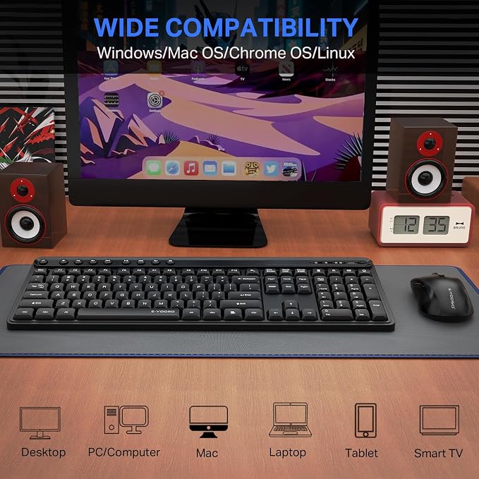 Wireless Keyboard and Mouse Combo, E-YOOSO Full-Sized Computer Wireless Keyboard and Optical Mouse, 2.4Ghz USB Lag-Free Cordless Combo, for Windows, Mac OS PC/Desktop/Laptop