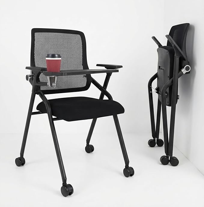 Updated Conference Room Chairs with Tablet Arm, Folding Office Desk Chair with Lumbar Support and Sliding Armrest with Casters, Stackable Office Guest Chairs & Reception Chairs, 4 Pack Black