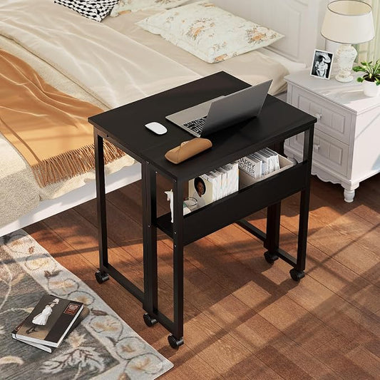 GreenForest Folding Desk with Wheels, 31.5 Inch Compact Rolling Computer Table with Storage Shelf, Portable Mobile Workstation for Small Spaces, Easy Assembly, Black