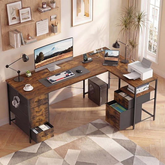YOUDENOVA 55 Inch L Shaped Desk with Power Outlets & Type-C Port, Reversible Corner Computer Desk with 6 Drawers & File Cabinet, Large Workstation for Home Office, Gaming, Study, Rustic Brown