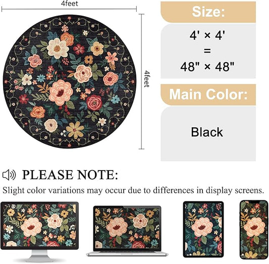 DUKINO Floral Round Rug, 4ft Washable Round Area Rug, Non Slip Indoor Low Pile Circle Rug, Soft Small Boho Design Circle Rug for Bedroom, Entryway, Living Room, Dining Room,Black