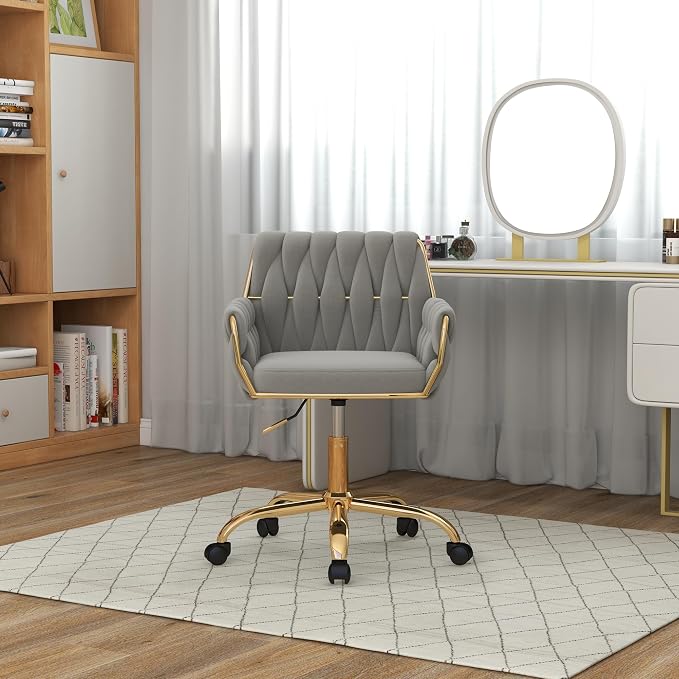 Velvet Home Office Chair, Modern Height Adjustable Cute Vanity Chair, 360° Swivel Makeup Chair Desk Chair with Golden Base and Hand Woven Backrest for for Bedroom/Study/Vanity(Light Gray)