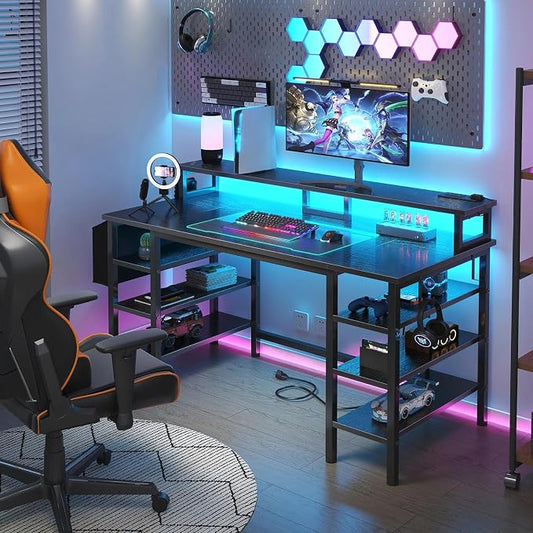Lufeiya Gaming Desk with LED Lights and Storage Shelves, 47 inch Computer Desk with Power Outlets, Home Office Desk with Monitor Stand, Writing Table PC Desks, Black