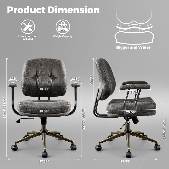 ovios Ergonomic Office Chair, Mid Back Faux Leather Executive Chairs with Thick Cushion, Comfy Mid-Century Modern Swivel Rolling Computer Armchair (Dark Grey, Suede Leather)