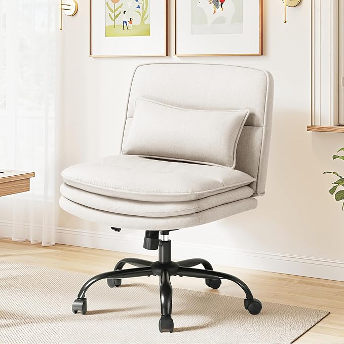Furmax Criss Cross Legged Office Chair with Wheels, Armless Extra Wide Seat Swivel Desk Chair, Adjustable Height Comfy Task Chair with Thick Cushion for Home Office Bedroom Vanity (Fabric, Beige)
