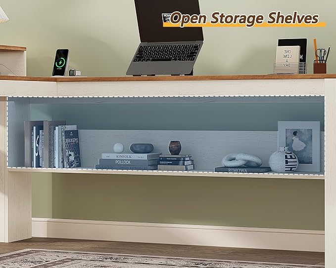 YOMILUVE Farmhouse 63" L Shaped Desk with Drawers, Home Office Desks with Storage Shelves and Printer Stand, Corner Computer Desk with Power Outlets and Monitor Stand, Brown and White