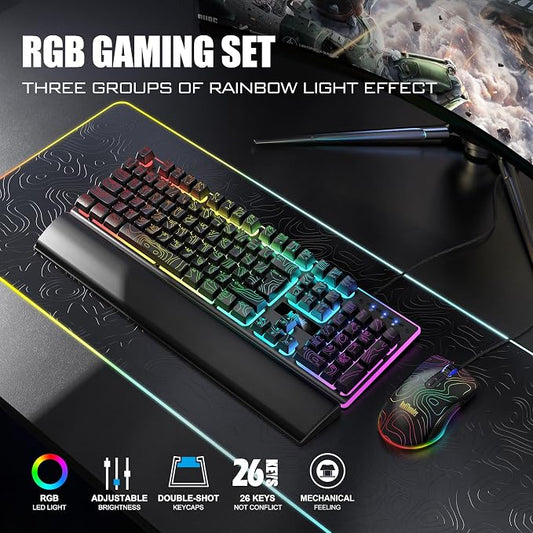 RedThunder K10 Wired Gaming Keyboard & Mouse Combo with Wrist Rest, Adjustable RGB Mechanical Feel Anti-ghosting Keyboard + 7D 7200 DPI Mouse+Soft Leather Wrist Rest for PC Gamers (Black Lines)