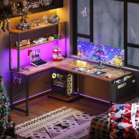 ODK 53 Inch L Shaped Desk with LED Lighting, Reversible Gaming Desk with Power Outlets, Cornor Computer Table with Storage Shelves & Bag & Iron Hook, Home Office Table for Writing, Study, Vintage