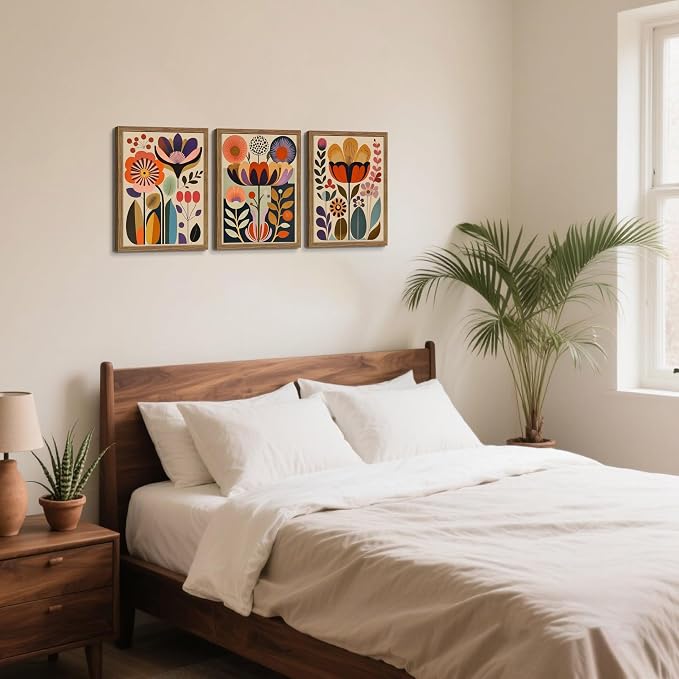 Framed Colorful Floral Wall Art Set of 3, Abstract Scandinavian Flower Canvas Wall Decor Paintings, Mid Century Modern Botanical Artwork Pictures Prints for Living Room Bedroom Dining Room 12x16 Inch