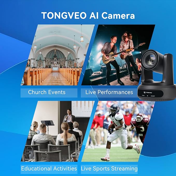 TONGVEO AI Auto-Tracking PTZ Camera: 20X Optical Zoom 1080P 60fps HDMI SDI USB PoE Video Camera for Church Worship Live Streaming, Conference Room Webcam for OBS