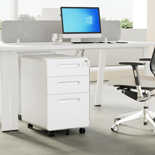 3 Drawers File Cabinet, Mobile Filing Cabinet with Lock, Steel, Fully Assembled Except Casters, for Home Office, for A4, Letter, Legal File Folders, White
