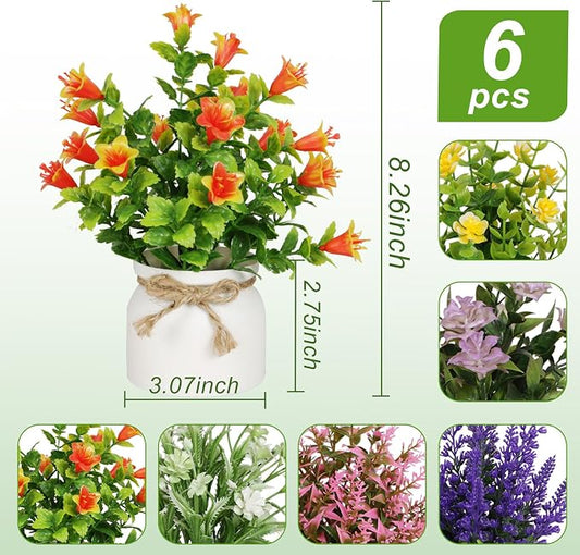 Yoratee 6pcs Artificial Pot Flowers Small Fake Plants Mini Potted Plants for Home Office Tabletop Decoration