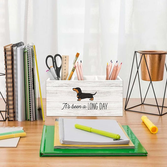Dachshund Gifts Dog Pen Holder for Desk, Funny Dachshund Pencil Organizer, Gifts for DachshundLovers Owners, It's Been A Long Day Wooden Pen Holder Desk Accessories Decor for Home Office