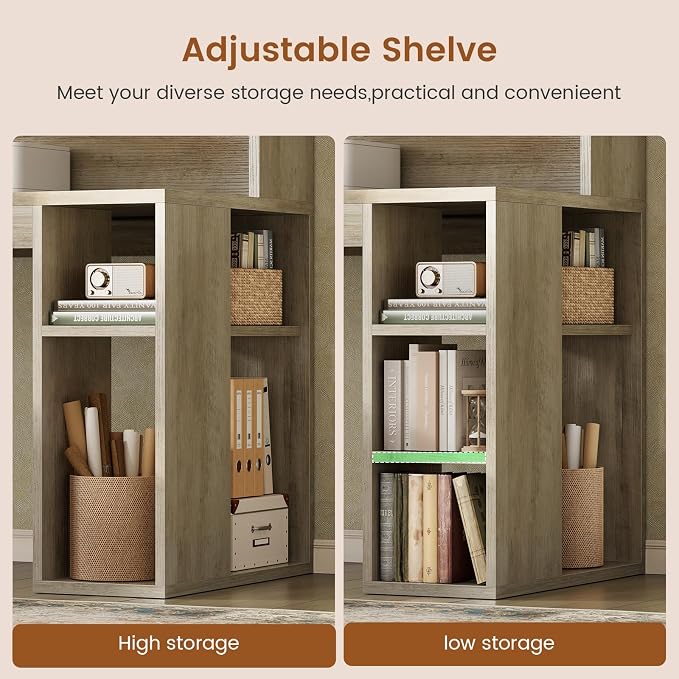 SEDETA 67" Farmhouse L Shaped Desk with Hutch, Home Office Desks with Drawers & Sliding Doors, Corner Computer Desk with Storage Shelves & Power Outlets, Executive Desk with LED Lights, Grey