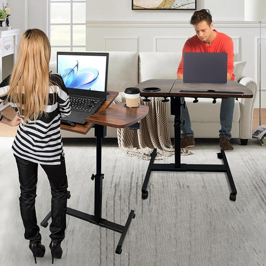 Medical Adjustable Overbed Bedside Table with 2 Tilting Desktops Teacher Podium Laptop Computer Cart Mobile Laptop Desk with Cup Holde,Drawer,Wheels for Office, Home and Classroom (Brown)