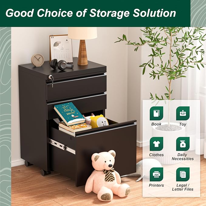 Superday File Cabinet 3 Drawer, Metal Rolling Vertical Filing Cabinet with Wheels, Small Under Desk File Cabinets for Home Office (Black)