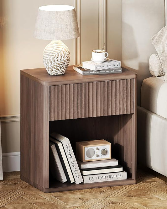 WLIVE Night Stand Set of 2, Wood Nightstand Sets with Storage Drawer and Open Shelf, Fluted Bedroom Nighstands, Mid Century Bed Side Table, End Tables Living Room, Dorm, Home Office, Carrocci Brown